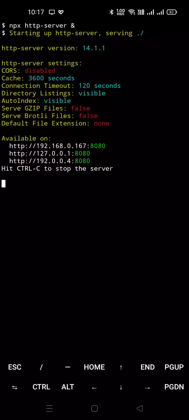 Android phone with node http server on termux