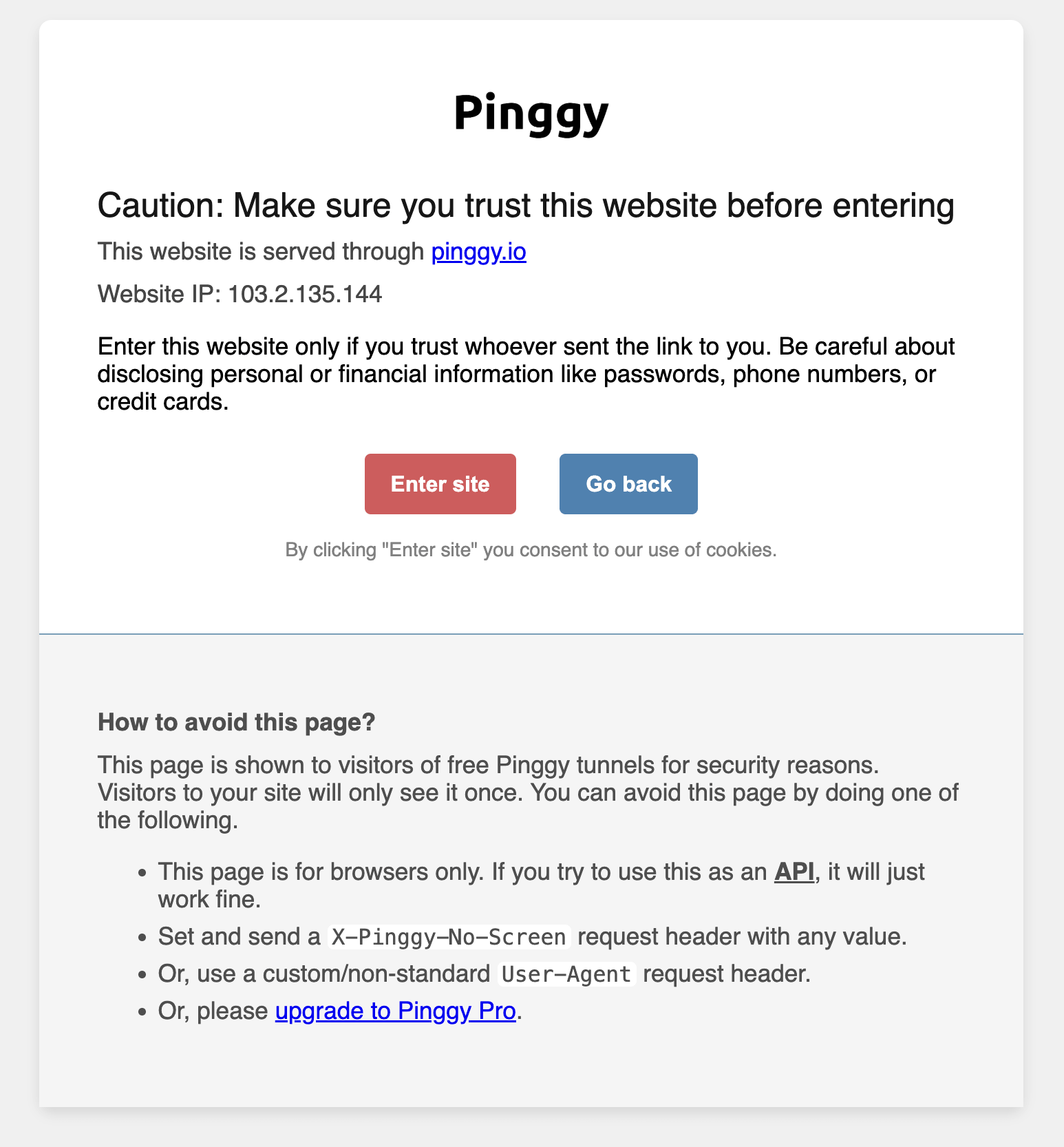 Pinggy browser screening page for free tunnels