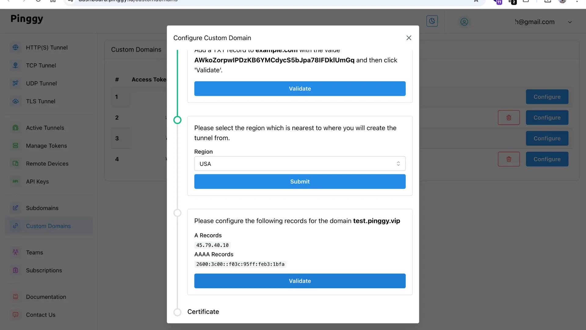 Select a relay region for custom domain - Pinggy