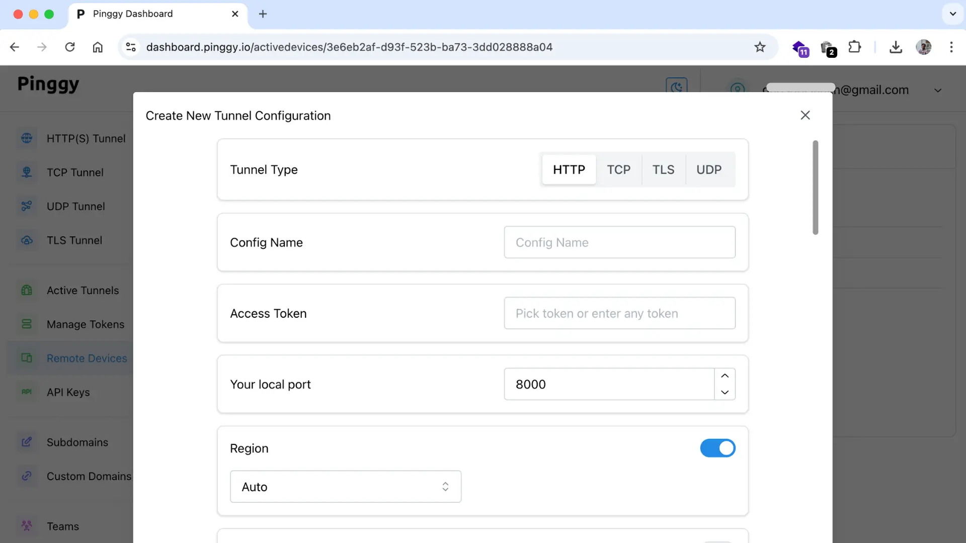 Create new tunnel in Pinggy Remote Device Management