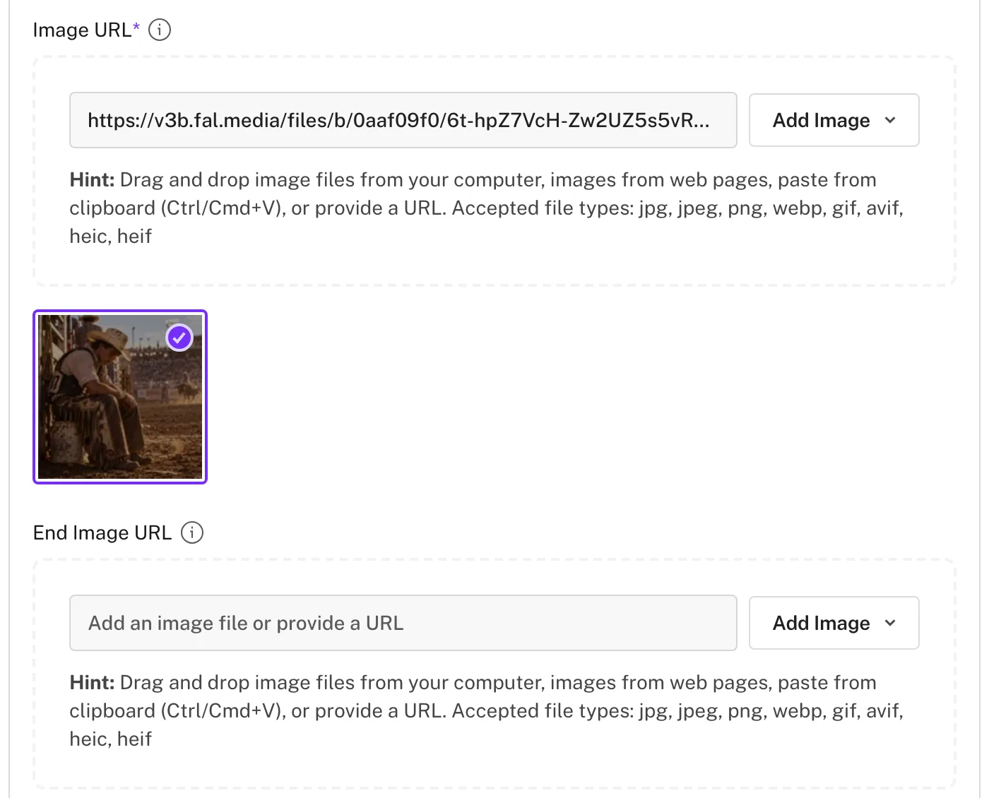 fal FLUX 3 Max image-to-video playground inputs: an Image URL field with a rodeo rider start frame selected, and an empty optional End Image URL field below it
