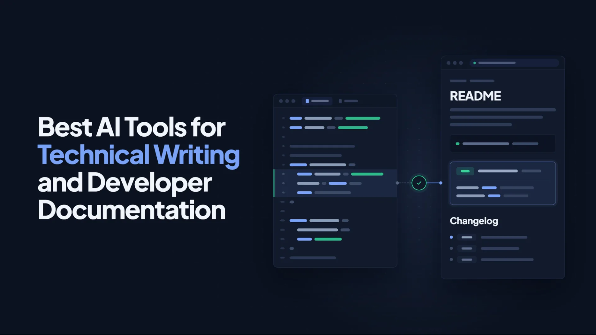 Code editor connected to a rendered README and changelog page, illustrating AI tools for technical writing