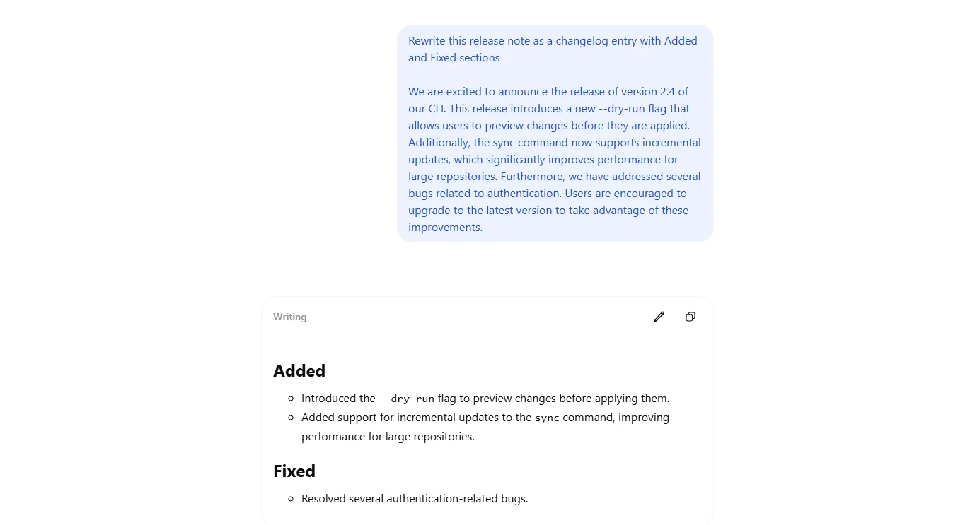 ChatGPT turning a sample CLI release note into a changelog entry with Added and Fixed sections
