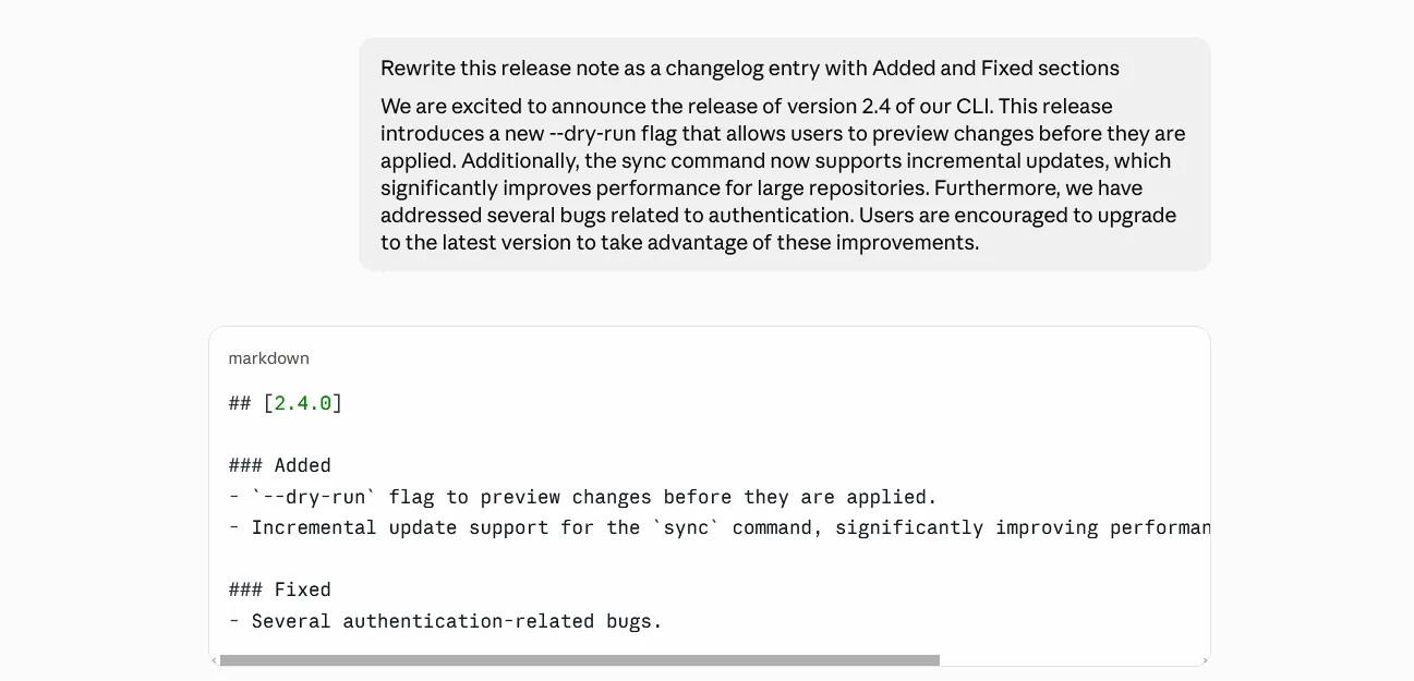 Claude rewriting a sample CLI release note as a Markdown changelog entry