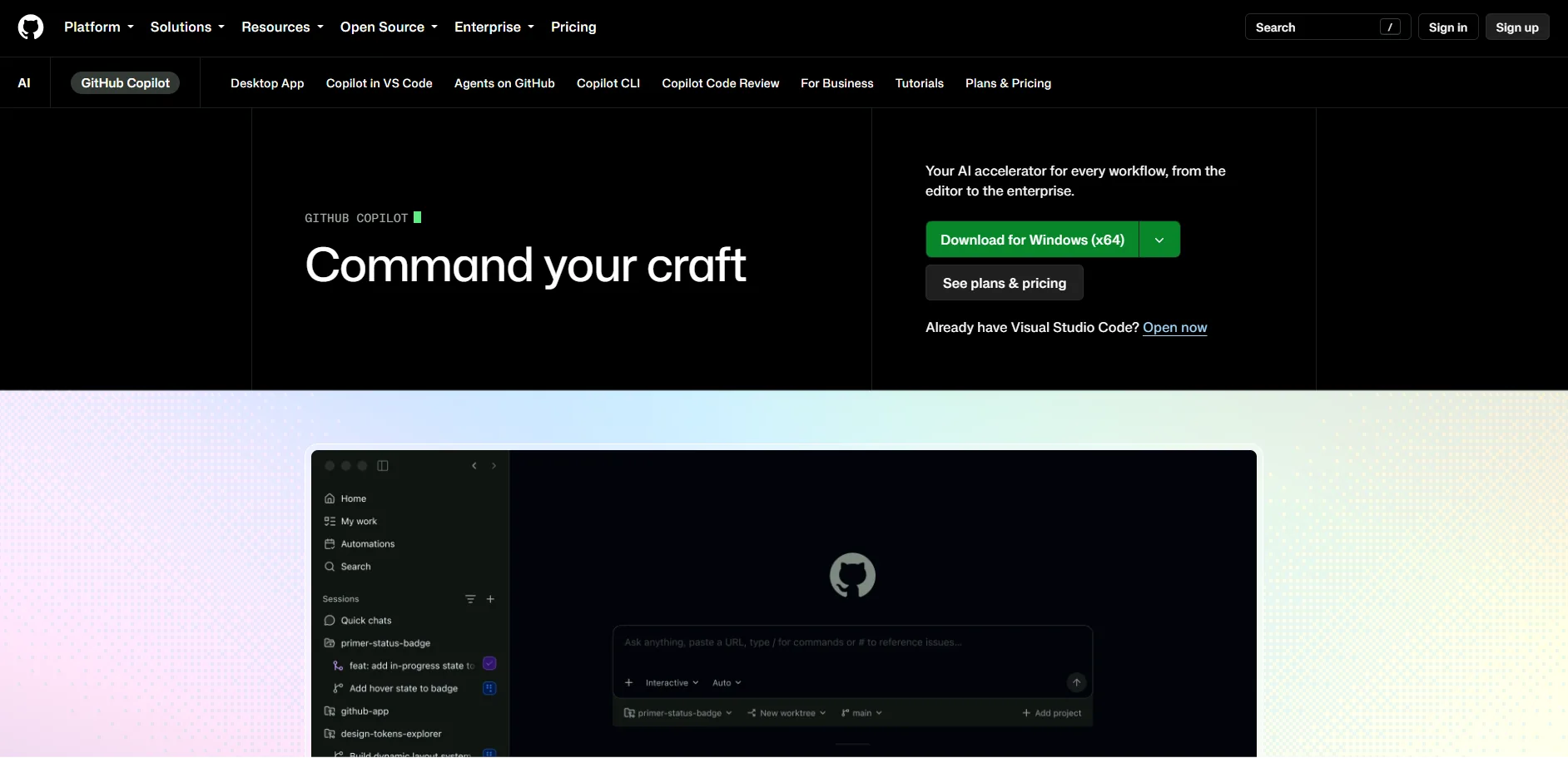 GitHub Copilot product page with the Copilot app interface
