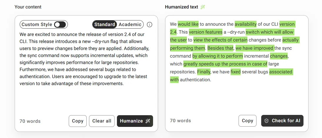 GPTinf rewriting a sample CLI release note in Standard mode, with changed phrases highlighted