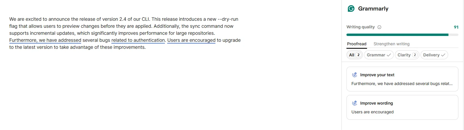 Grammarly suggesting clarity and wording edits on a sample CLI release note