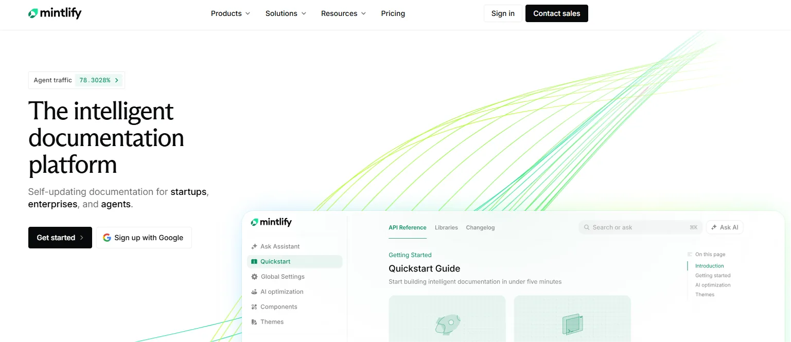 Mintlify homepage with a preview of a docs site, its API reference tab and Ask AI search