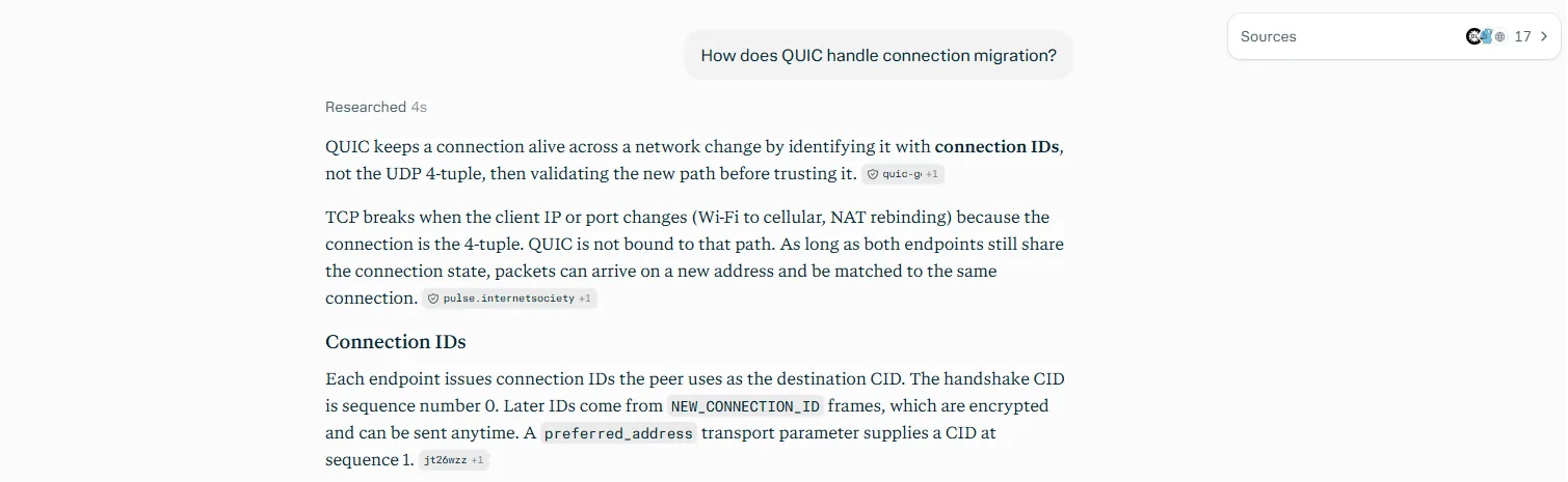 Perplexity answer about QUIC connection migration with inline source citations