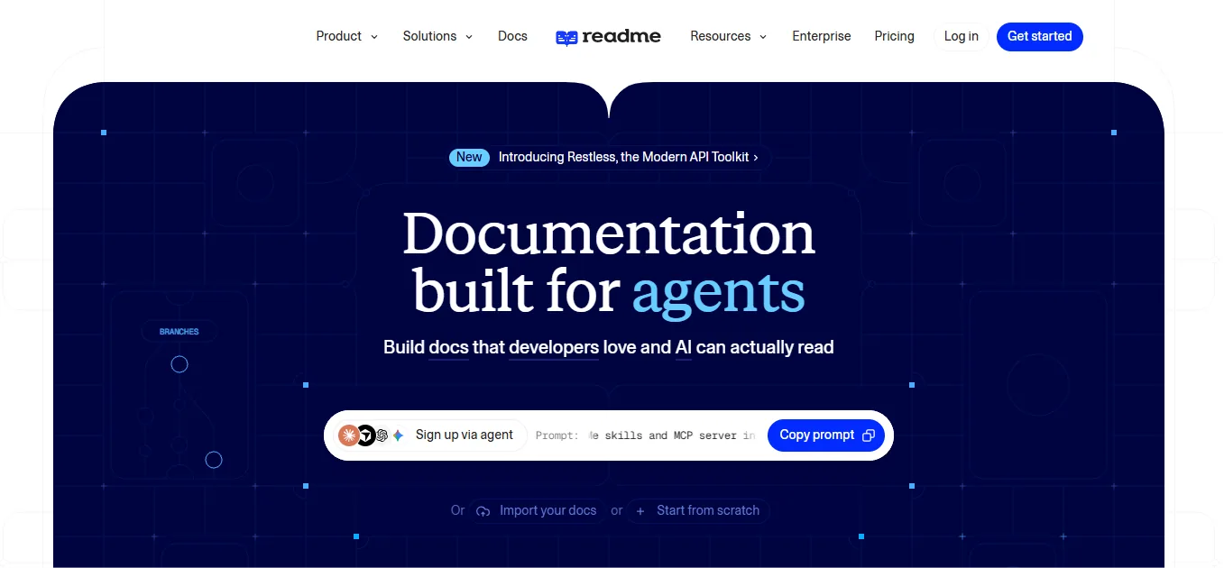 ReadMe homepage introducing documentation built for developers and AI agents
