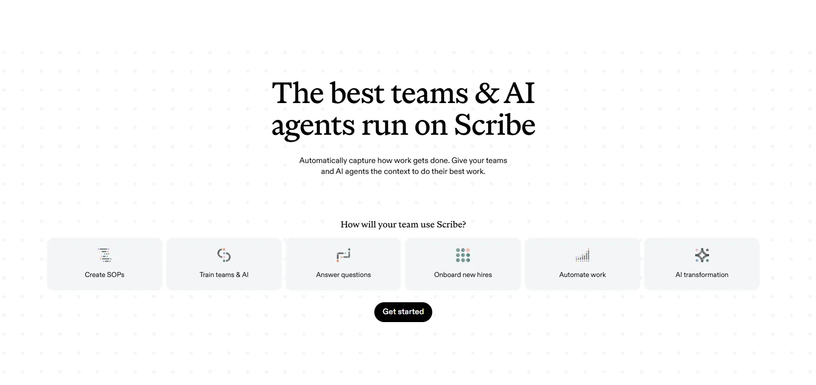 Scribe homepage listing use cases such as creating SOPs and onboarding new hires