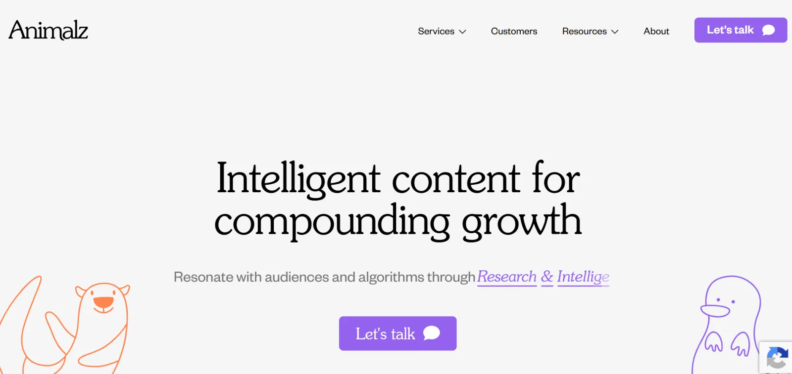 Animalz homepage with the serif headline Intelligent content for compounding growth, flanked by line-drawn animal illustrations