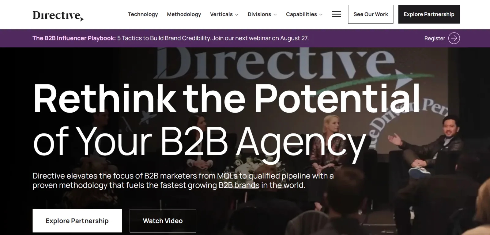 Directive homepage headlined Rethink the Potential of Your B2B Agency over a photo of a panel discussion on stage