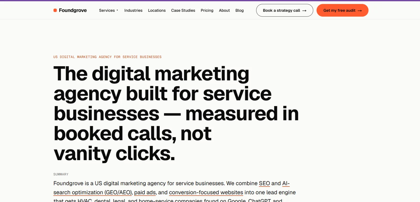 Foundgrove homepage headlined The digital marketing agency built for service businesses, measured in booked calls, not vanity clicks