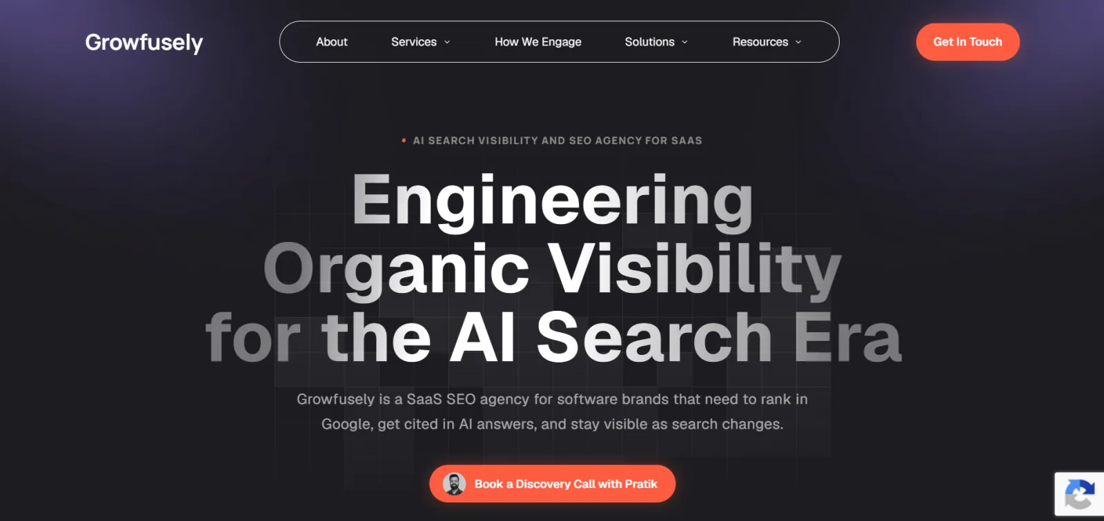 Growfusely homepage headlined Engineering Organic Visibility for the AI Search Era, with a button to book a discovery call