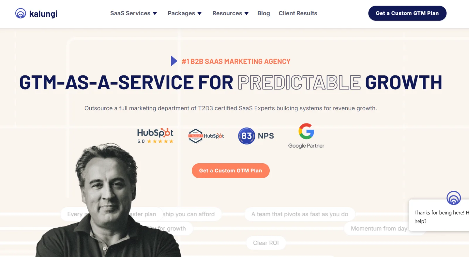 Kalungi homepage headlined GTM-as-a-Service for Predictable Growth, with HubSpot, NPS, and Google Partner badges above a portrait photo