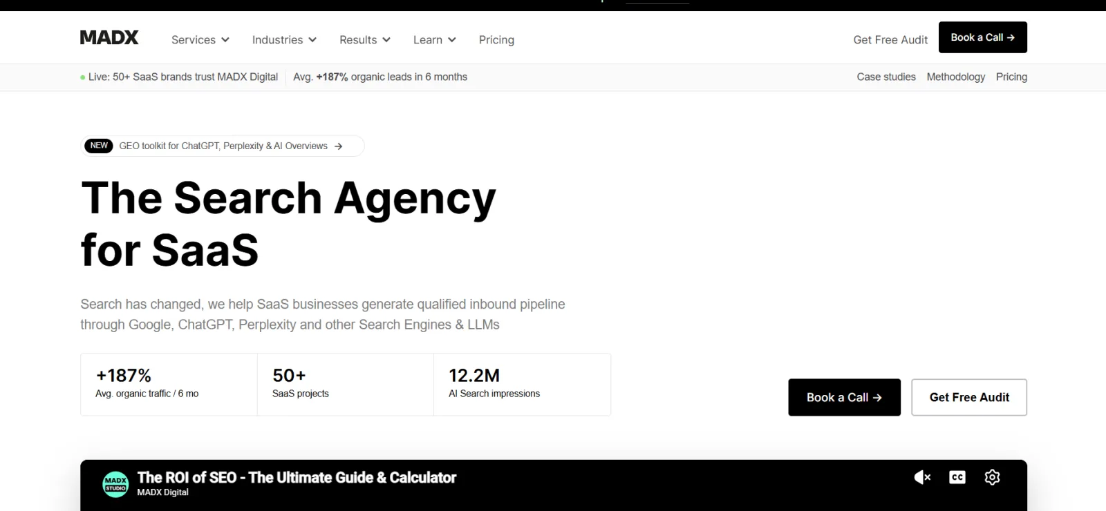 MADX homepage headlined The Search Agency for SaaS, with stat boxes for average organic traffic growth, SaaS projects, and AI search impressions
