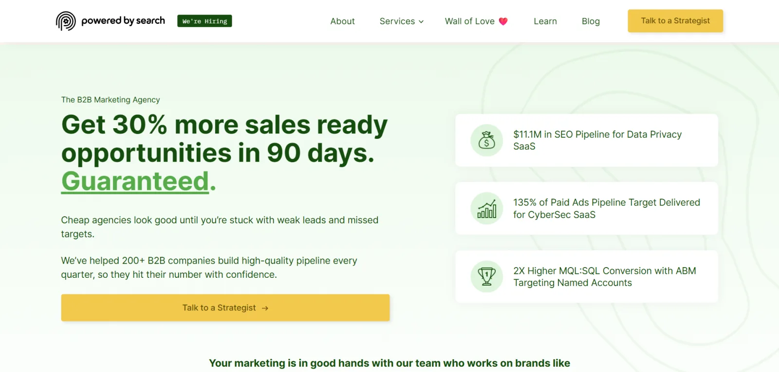 Powered by Search homepage headlined Get 30% more sales ready opportunities in 90 days, beside three client result cards