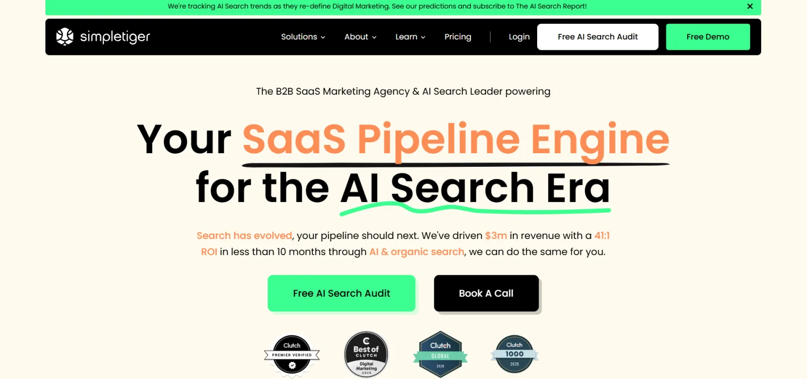 SimpleTiger homepage headlined Your SaaS Pipeline Engine for the AI Search Era, with Clutch award badges underneath