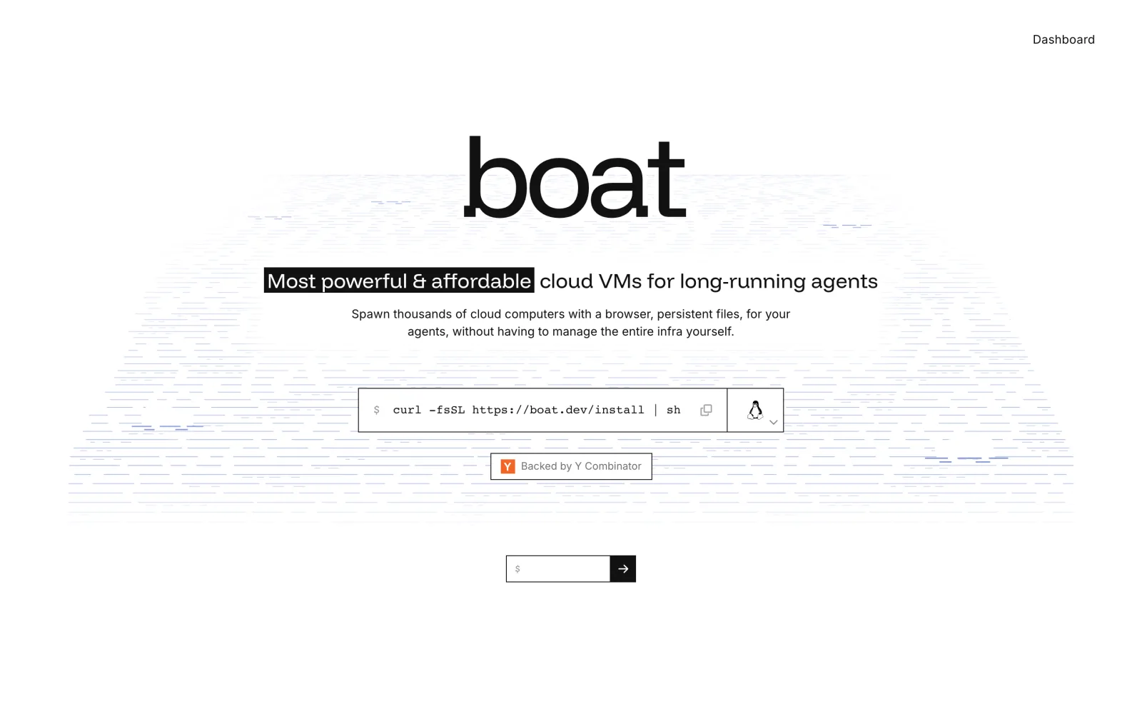 The boat.dev homepage with the boat wordmark, the tagline Most powerful and affordable cloud VMs for long-running agents, and a curl install command