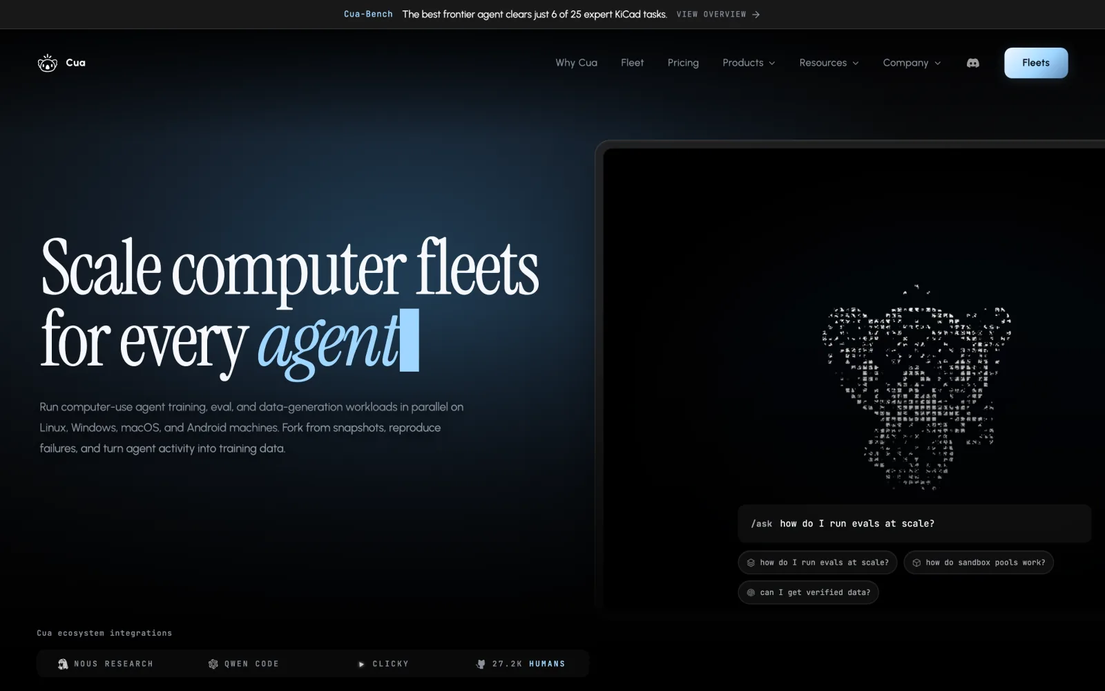 The cua.ai homepage with the headline Scale computer fleets for every agent on a dark background