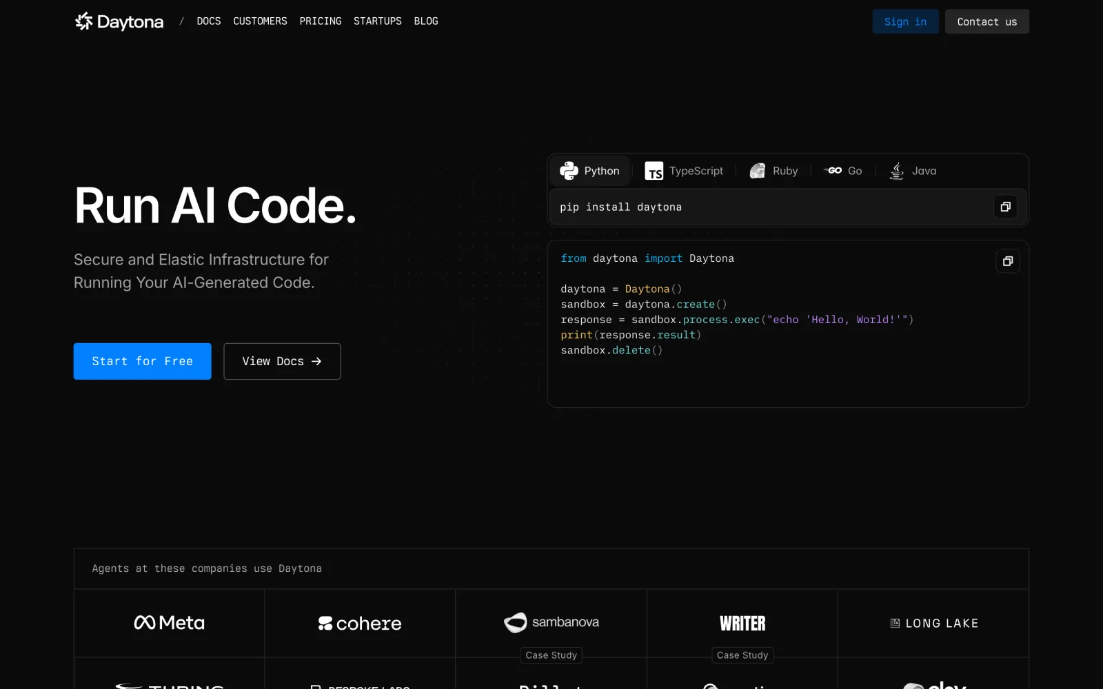 The daytona.io homepage with the headline Run AI Code beside a Python quickstart
