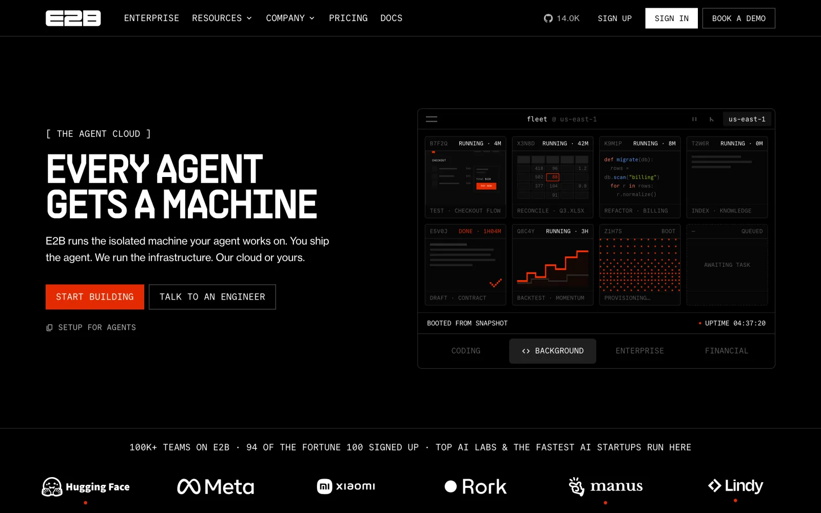 The e2b.dev homepage with the headline Every agent gets a machine beside a panel of running sandboxes