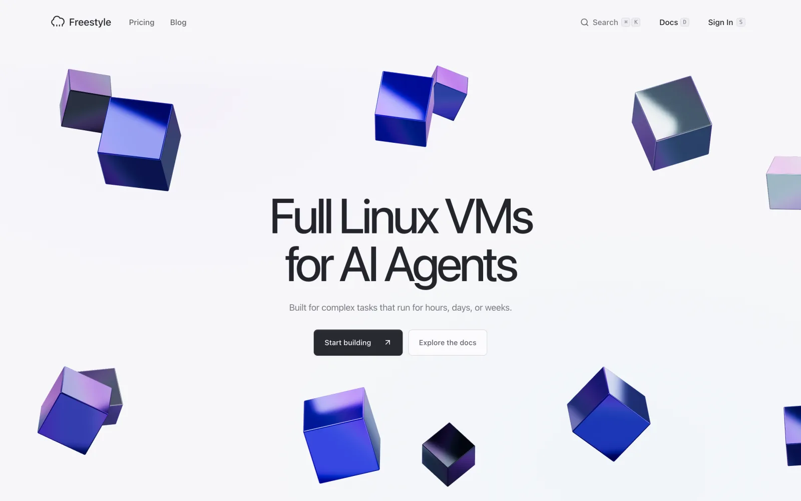 The freestyle.sh homepage with the headline Full Linux VMs for AI Agents among floating blue cubes