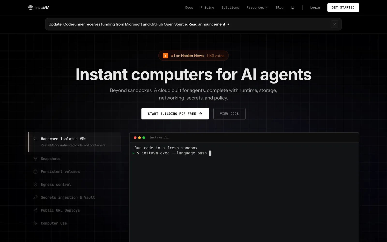 The instavm.io homepage with the headline Instant computers for AI agents above a feature list and a CLI terminal