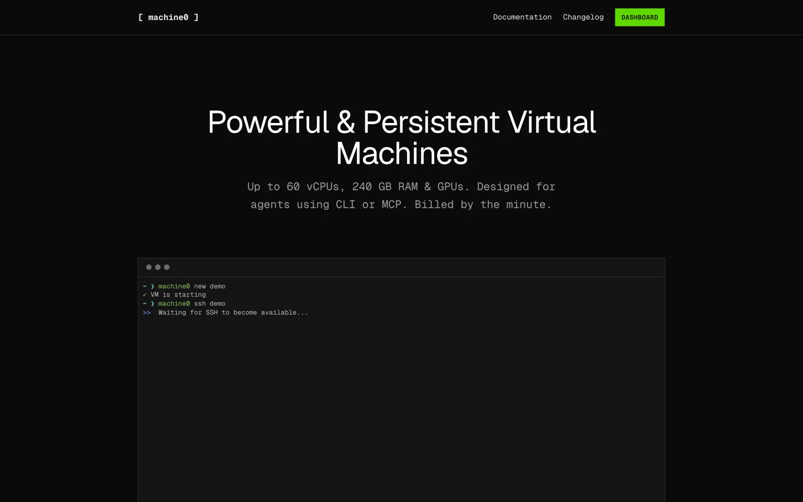 The machine0.io homepage with the headline Powerful and Persistent Virtual Machines above a terminal running machine0 new demo