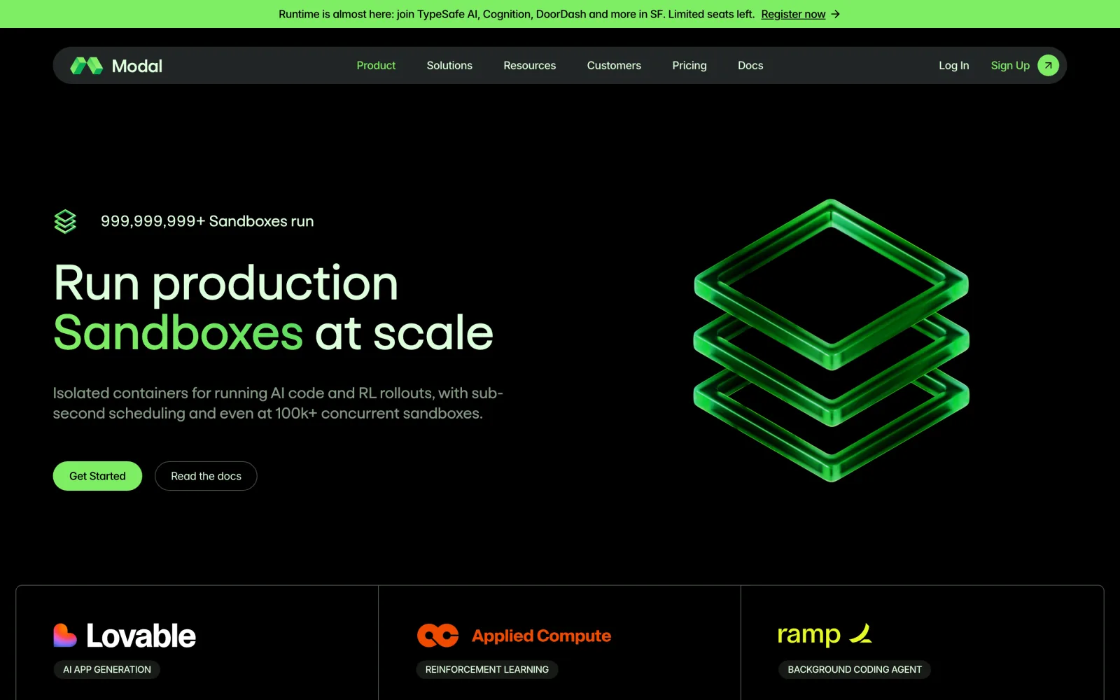 The Modal Sandboxes page with the headline Run production Sandboxes at scale