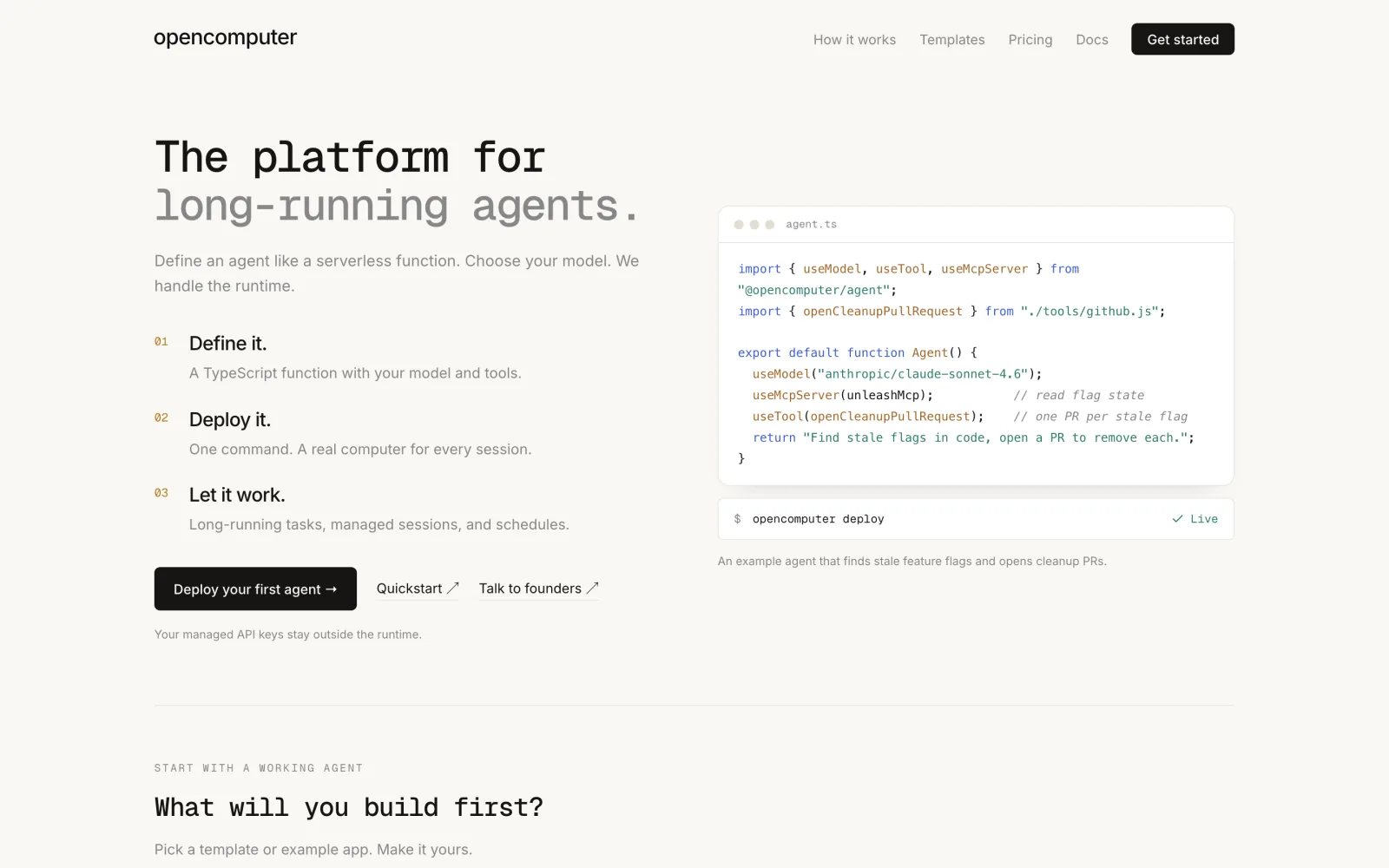 The opencomputer.dev homepage with the headline The platform for long-running agents beside an agent.ts code sample