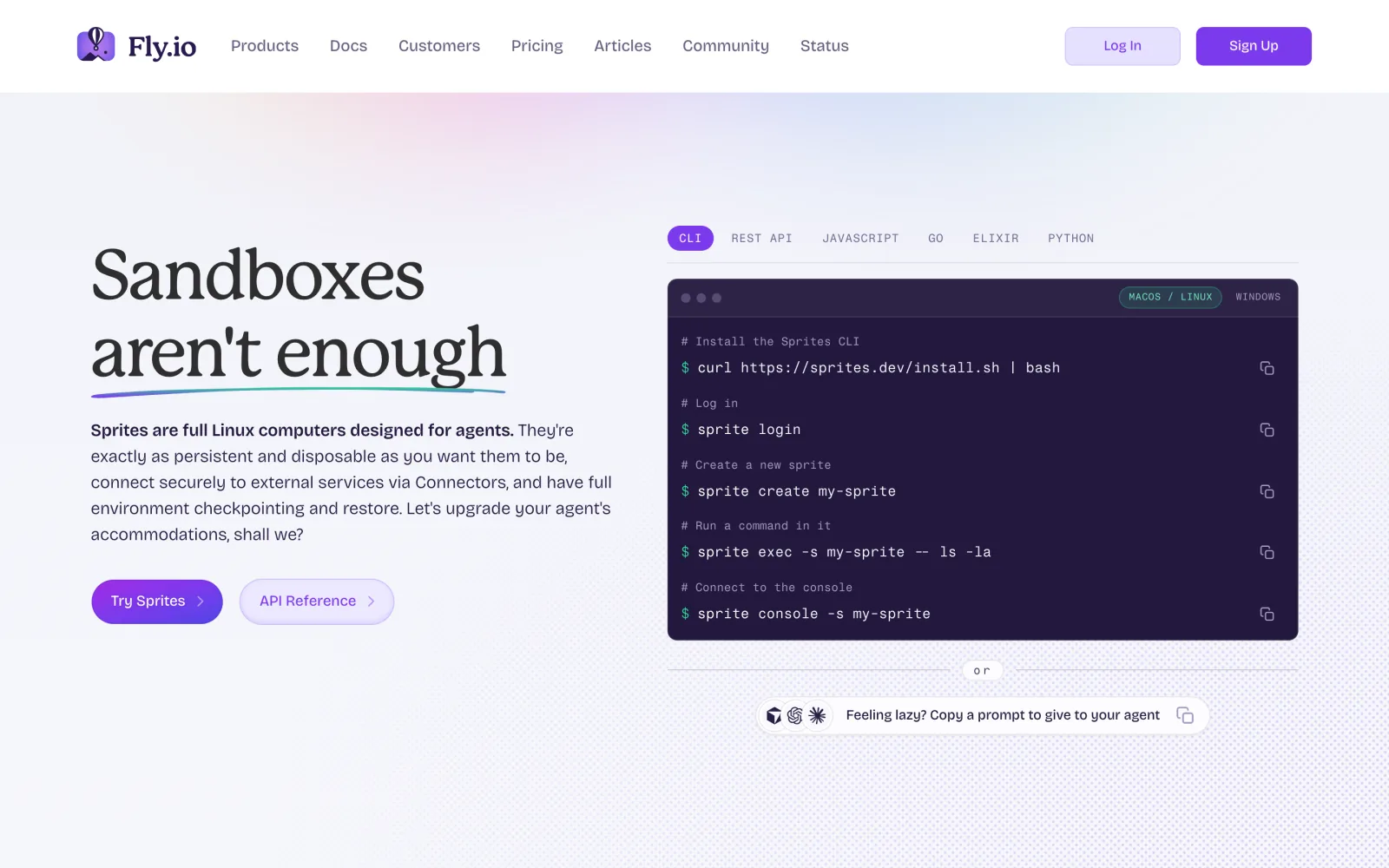 The Fly.io Sprites page with the headline Sandboxes aren't enough beside the Sprites CLI install steps