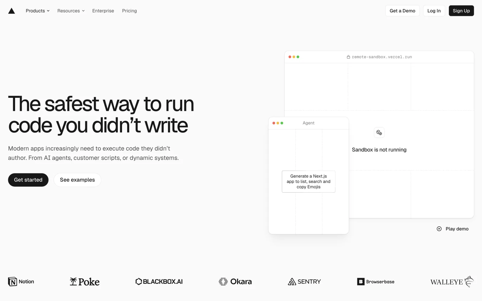 The Vercel Sandbox page with the headline The safest way to run code you didn't write