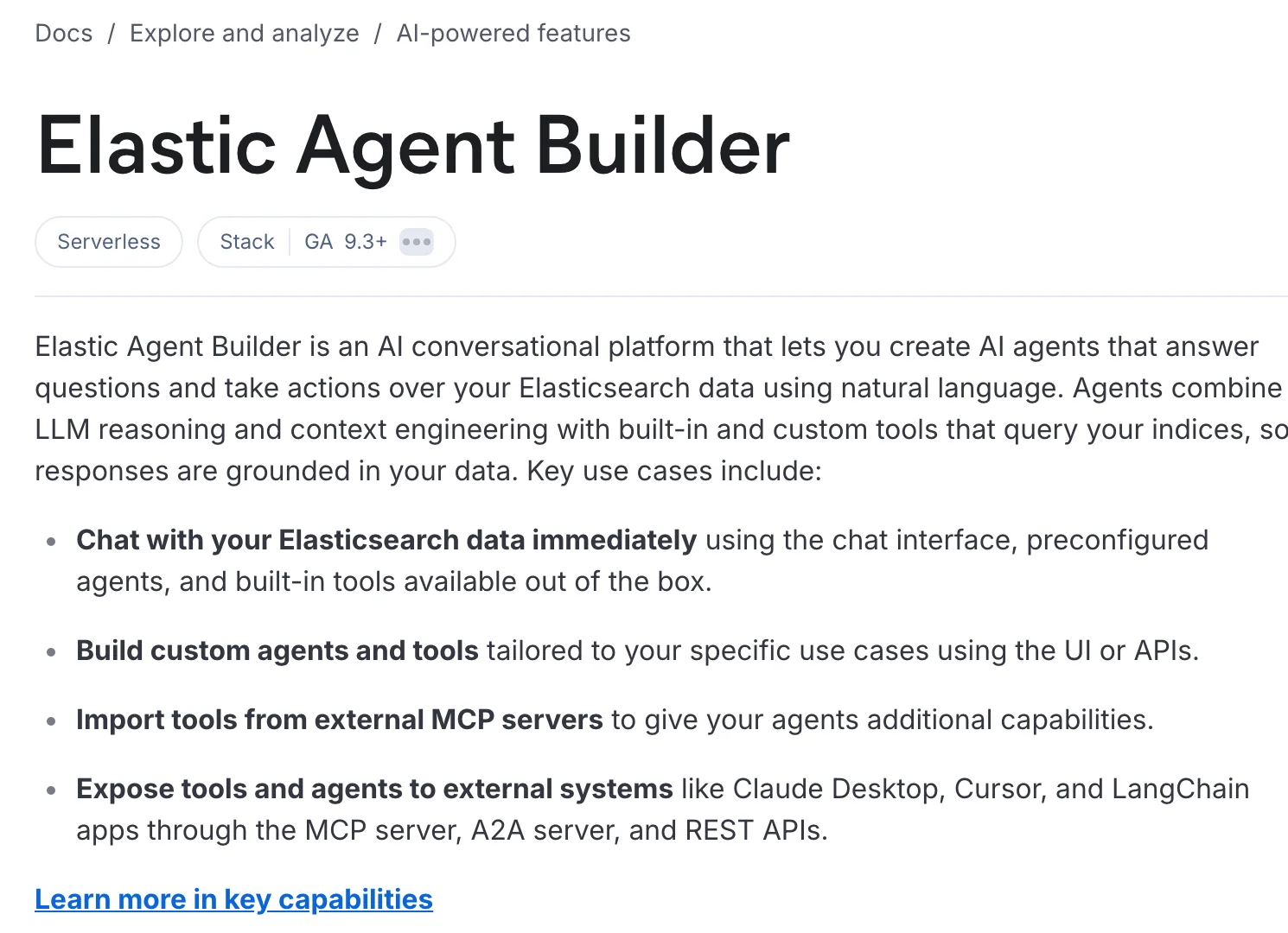 Elastic Agent Builder docs page marked GA 9.3+, listing custom agents and tools, importing tools from external MCP servers, and exposing tools and agents over MCP and A2A