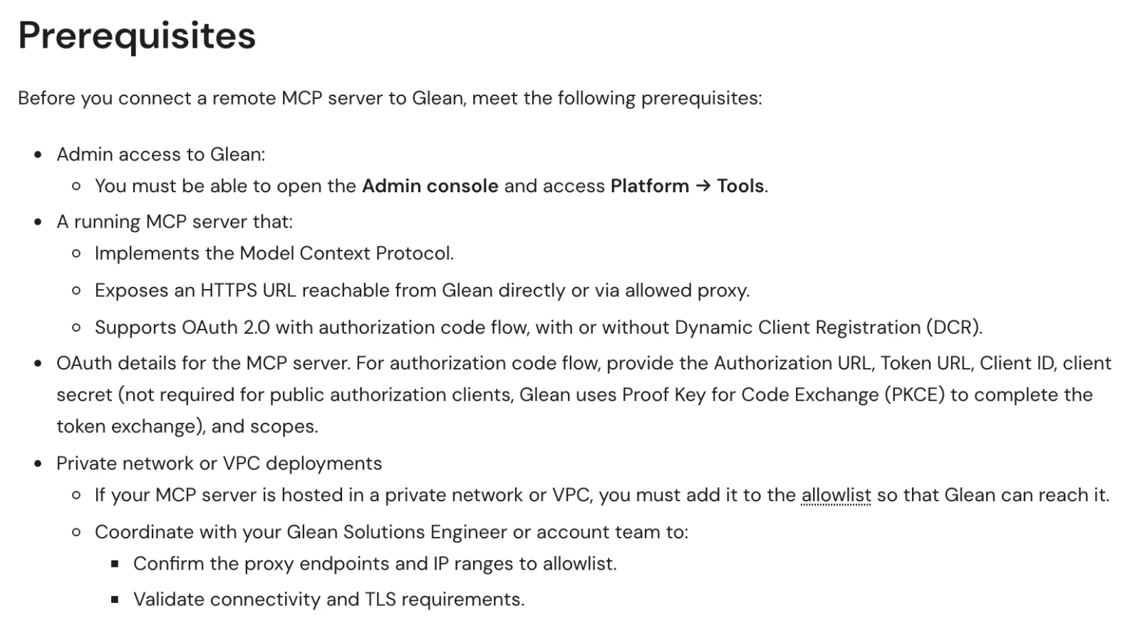 Glean docs prerequisites for connecting a remote MCP server, including an HTTPS URL reachable from Glean and allowlisting for servers in a private network or VPC
