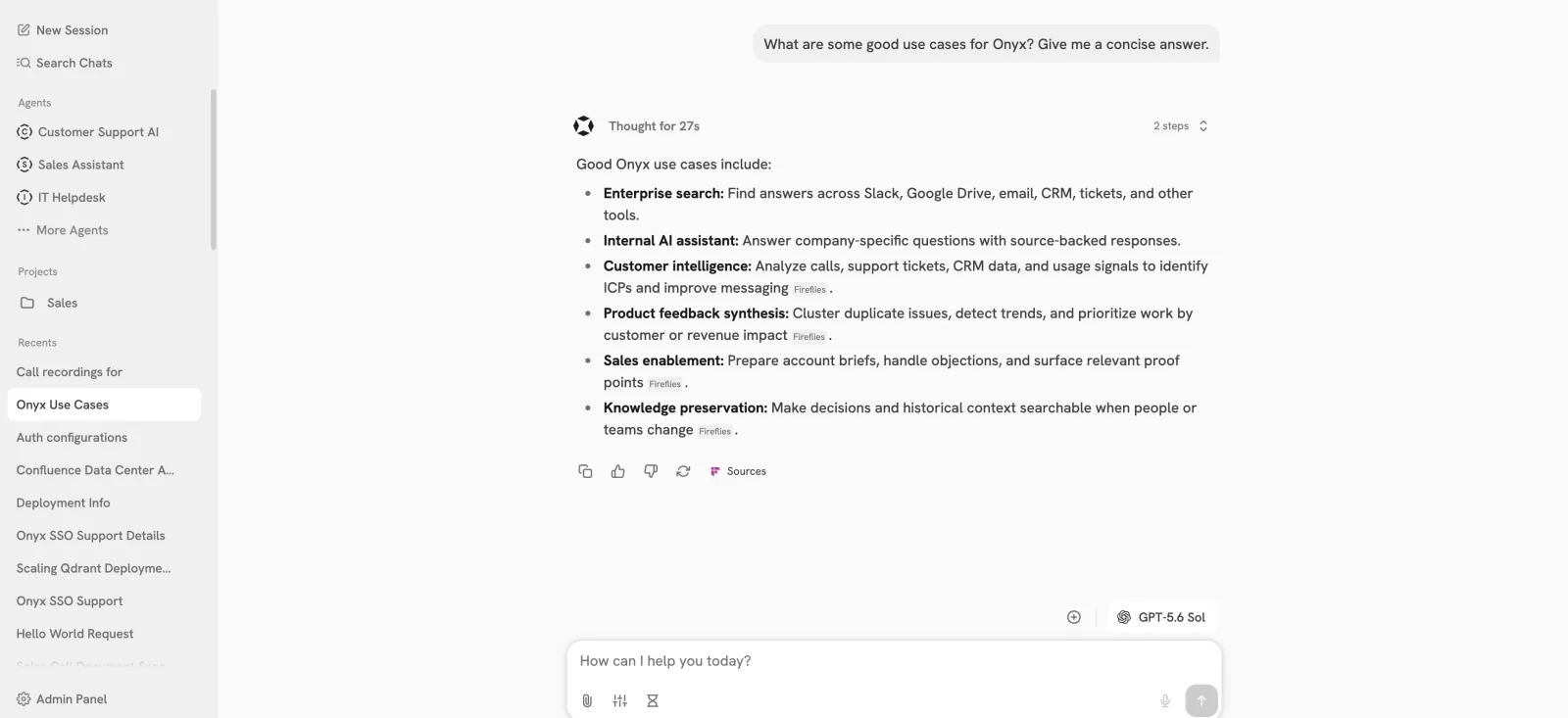 Onyx chat UI answering a question about use cases, with Customer Support AI, Sales Assistant and IT Helpdesk agents in the sidebar