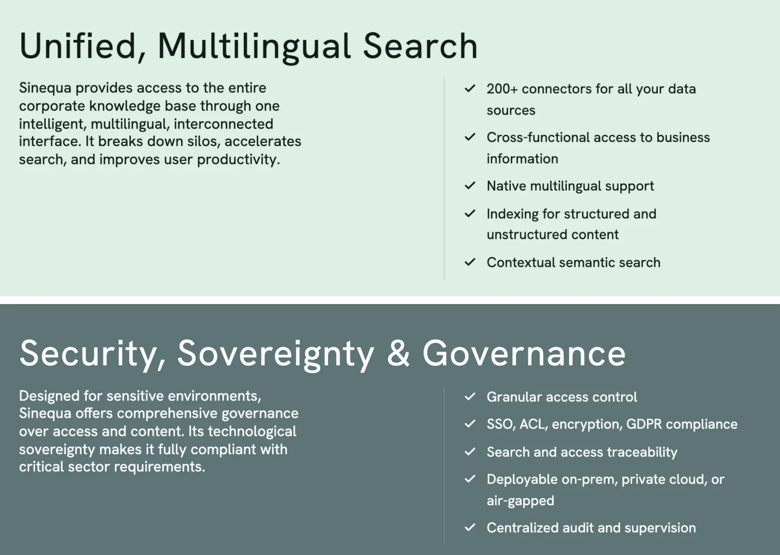 Two cards from the Sinequa product page: Unified, Multilingual Search with 200+ connectors, and Security, Sovereignty and Governance with on-prem, private cloud or air-gapped deployment