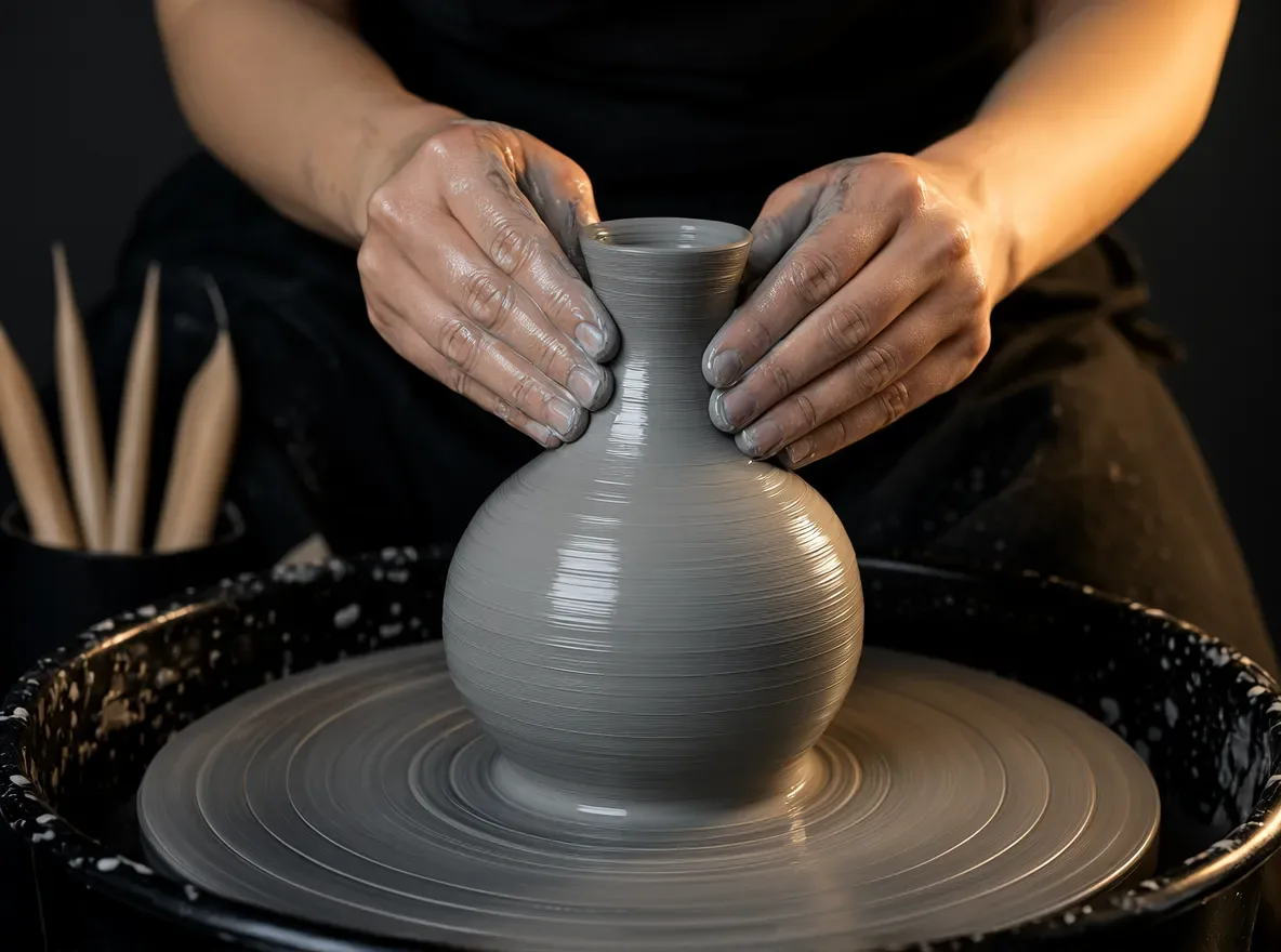 Cosmos3-Super-Text2Image sample image of hands shaping a clay vase on a pottery wheel