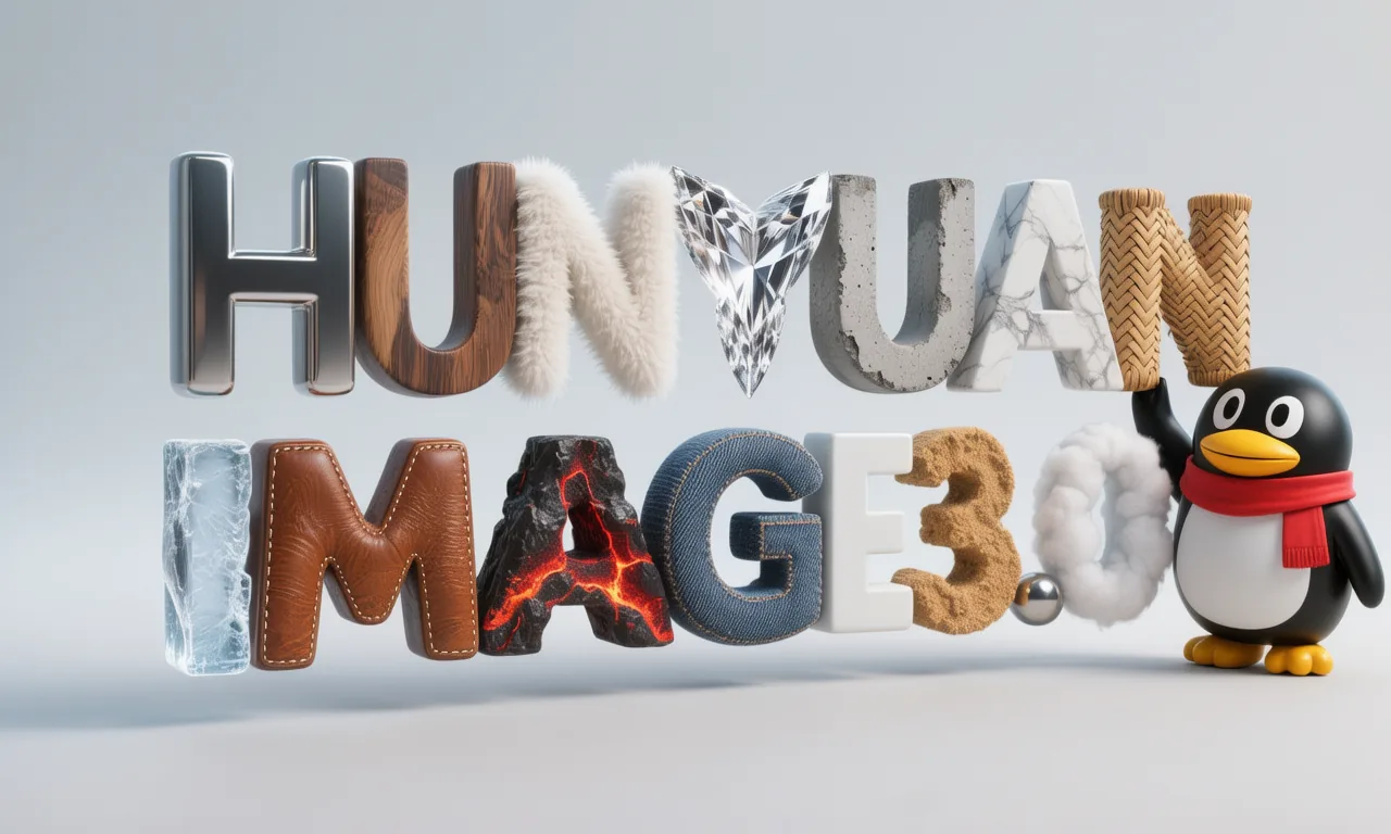 HunyuanImage 3.0 lettering rendered in chrome, wood, fur, crystal, lava and denim beside a penguin mascot