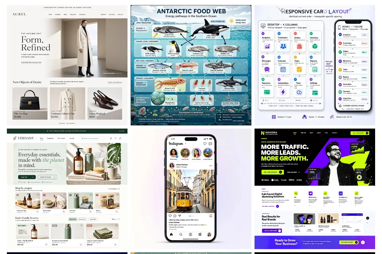 Ming-Image-0.1-Design samples: e-commerce and marketing web pages, an Antarctic food-web infographic, a responsive card-layout diagram and an Instagram mockup