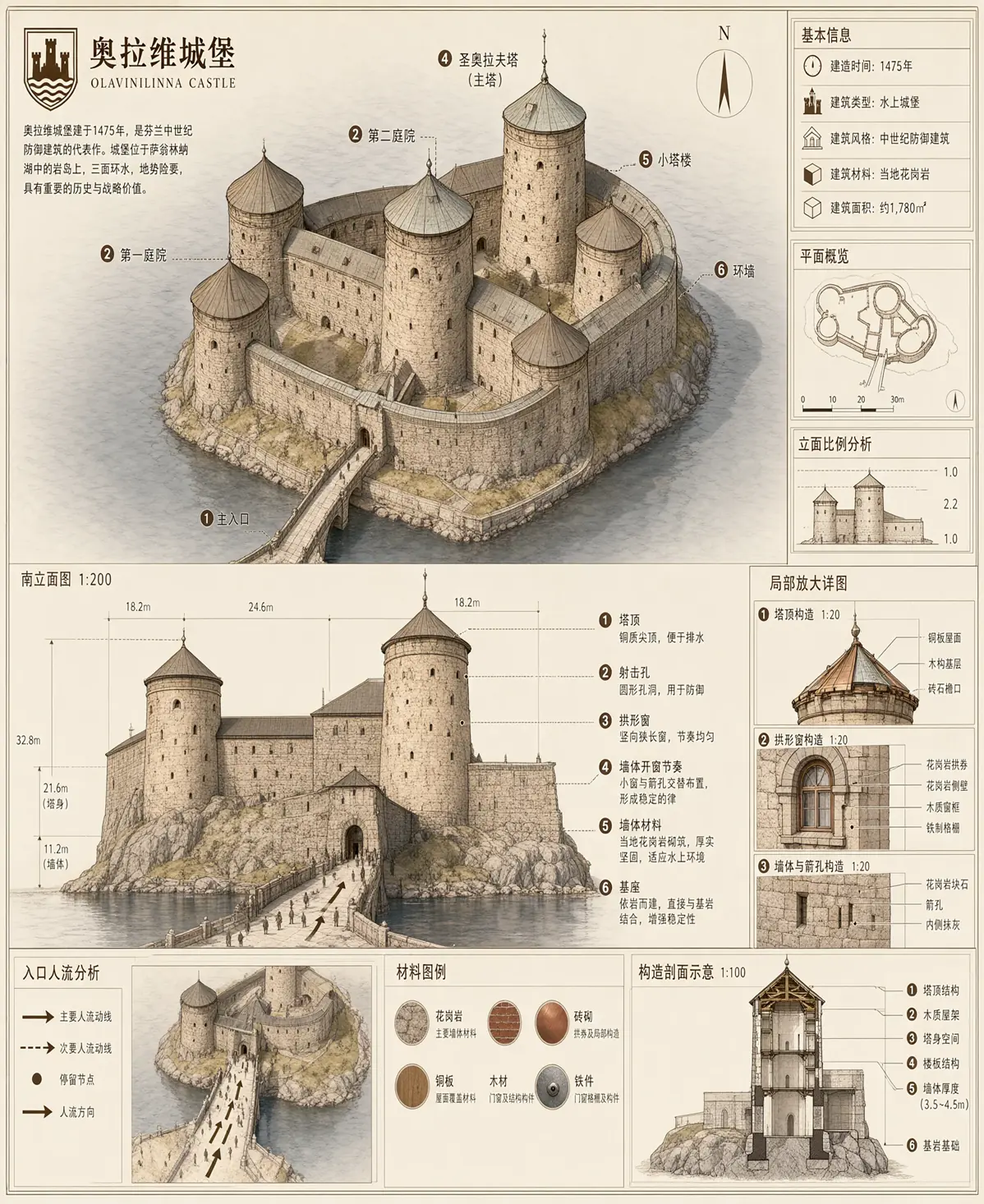 Qwen-Image-2.1 sample: an architectural infographic of Olavinlinna Castle with a Chinese title and labels, an English subtitle, a floor plan, elevation drawings and detail callouts