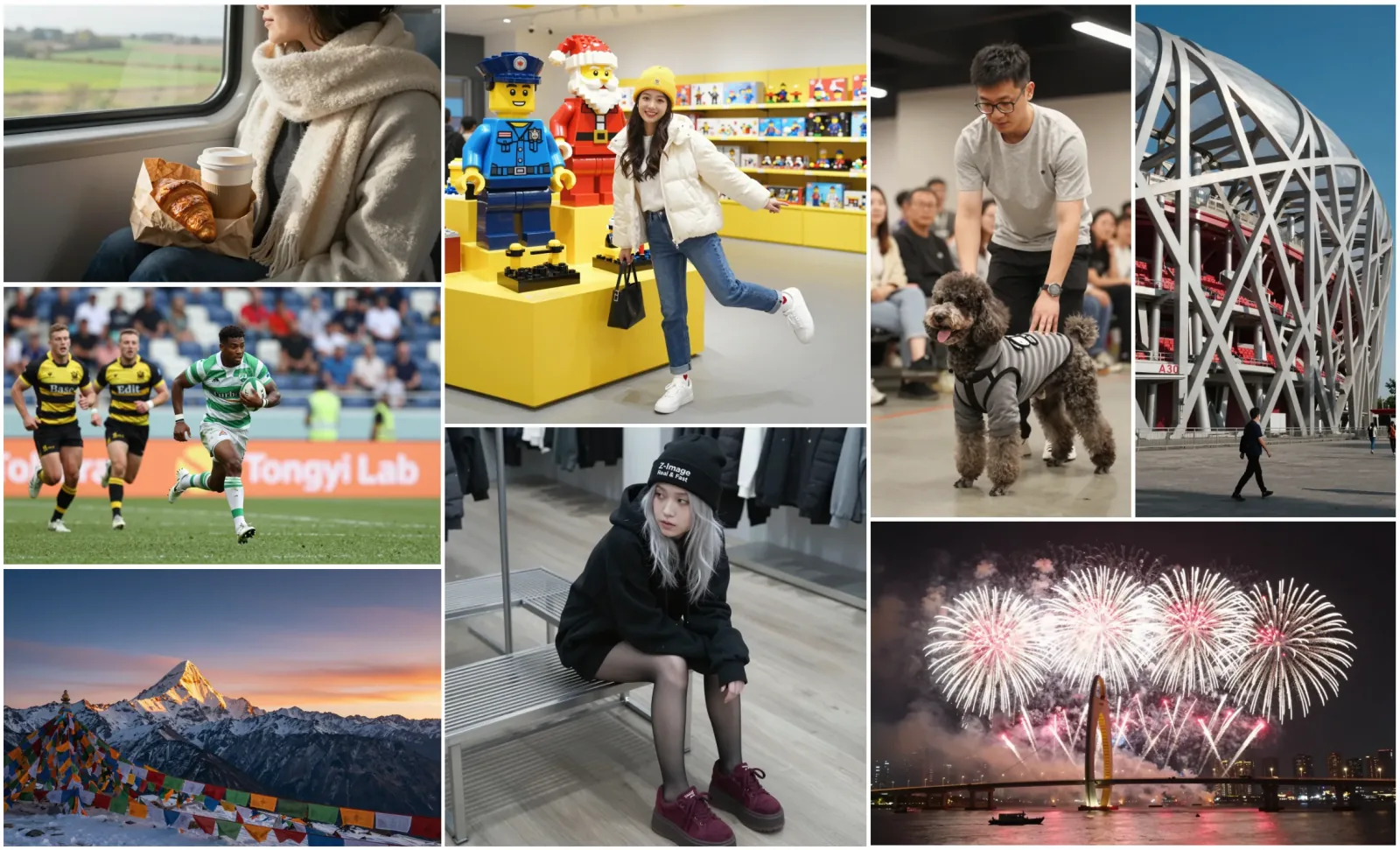 Grid of Z-Image Turbo sample images including portraits, sports, landscapes and fireworks