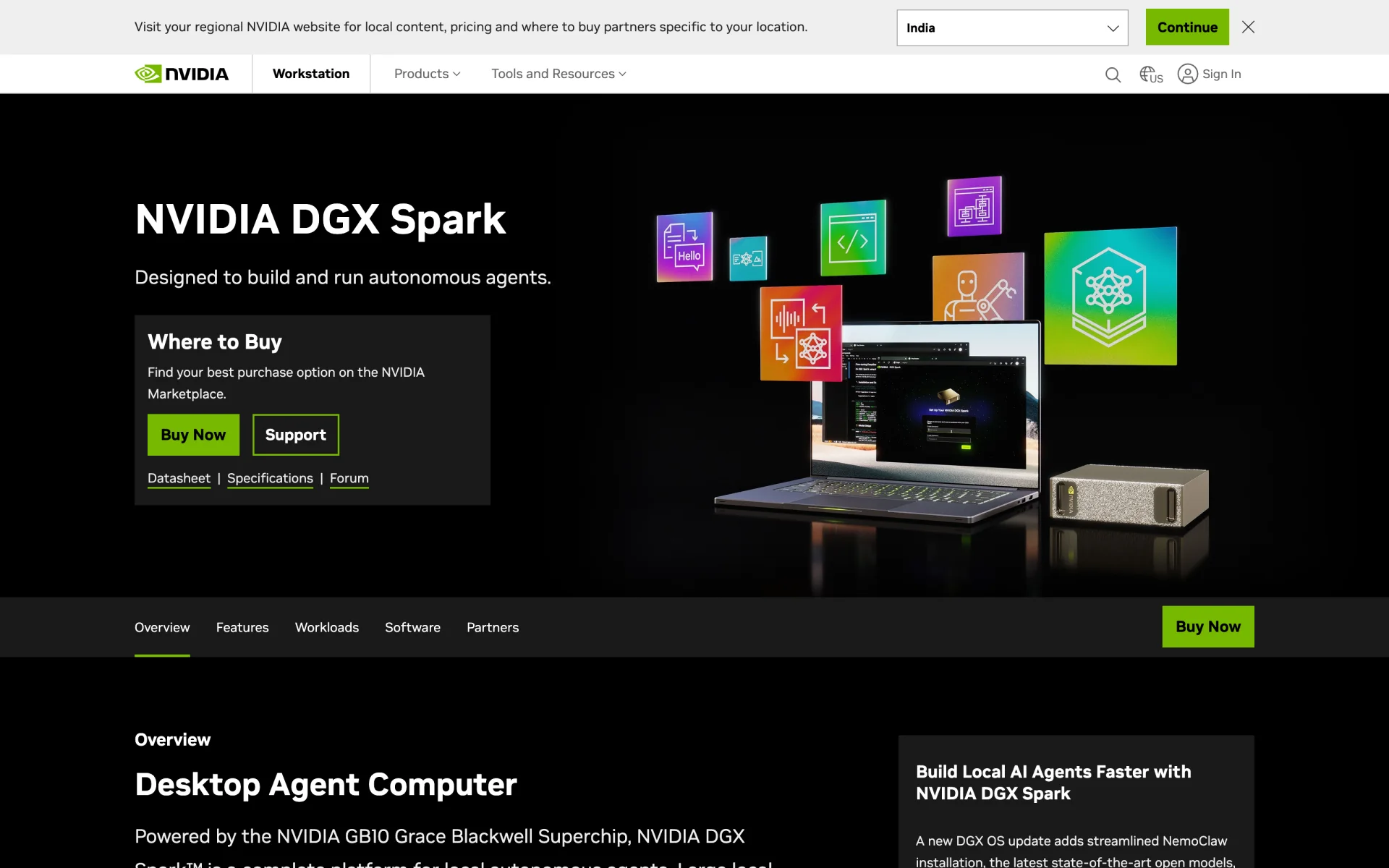 NVIDIA's DGX Spark product page, positioning the GB10 box as a desktop computer designed to build and run autonomous agents