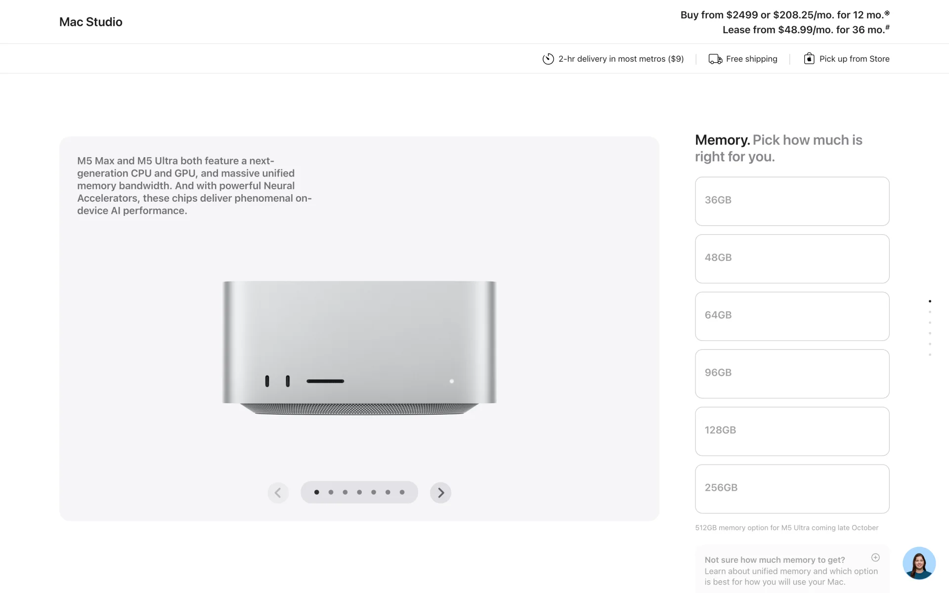 Apple's Mac Studio configurator showing the M5 Ultra memory options from 36GB to 256GB with a note that the 512GB option arrives in late October