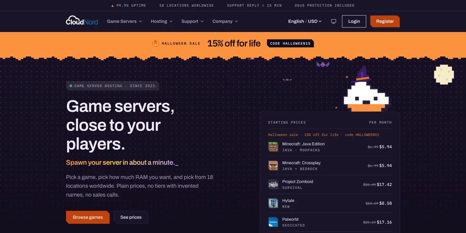 CloudNord game server hosting homepage headline Game servers, close to your players, with 18 locations, support replies under 15 minutes and starting prices for Minecraft Java and Crossplay servers