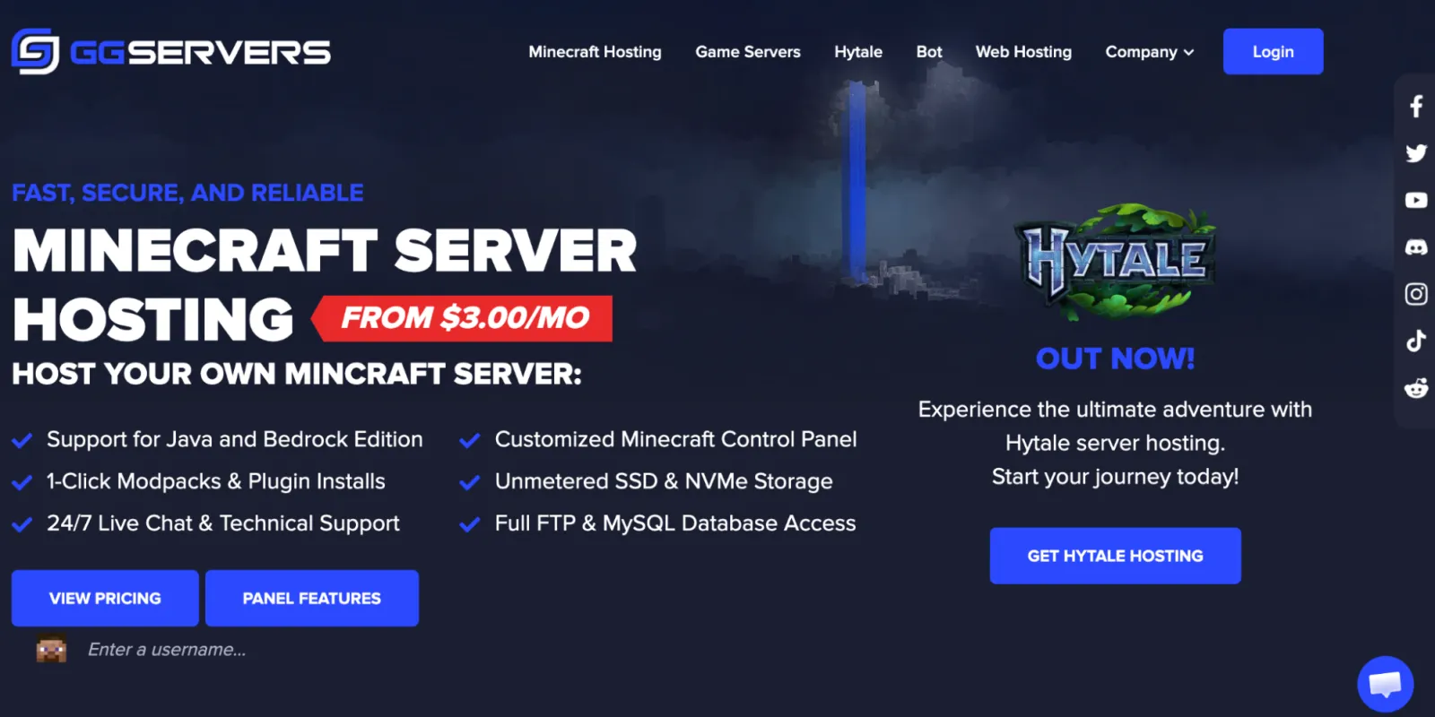 GG Servers Minecraft server hosting homepage advertising plans from three dollars a month with Java and Bedrock support, one-click modpacks and 24/7 live chat