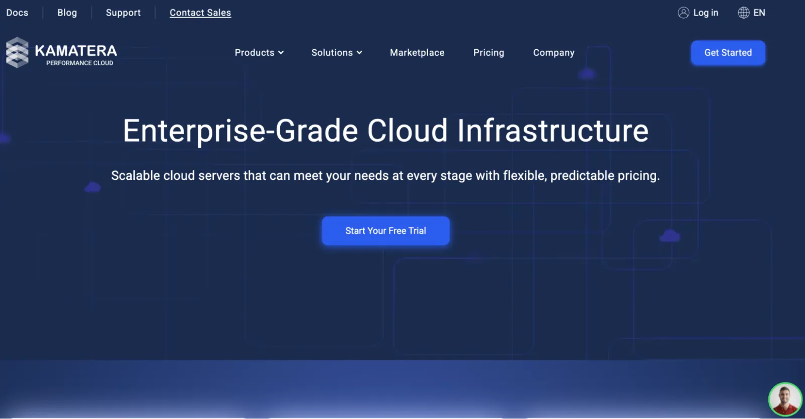 Kamatera homepage advertising enterprise-grade cloud infrastructure with scalable cloud servers and a Start Your Free Trial button