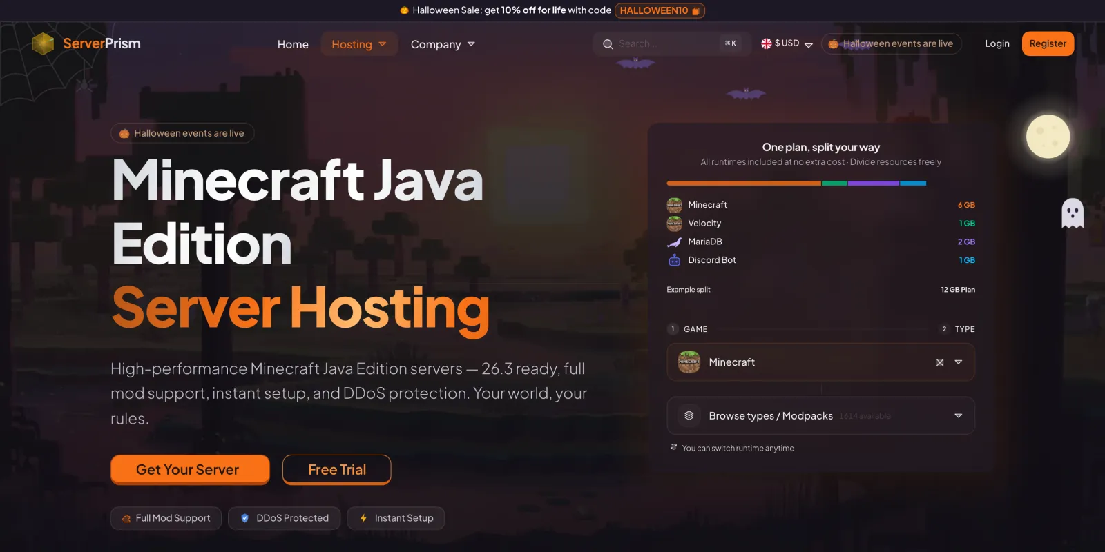 ServerPrism Minecraft Java Edition server hosting page with a One plan, split your way panel dividing a 12GB plan between Minecraft, Velocity, MariaDB and a Discord bot