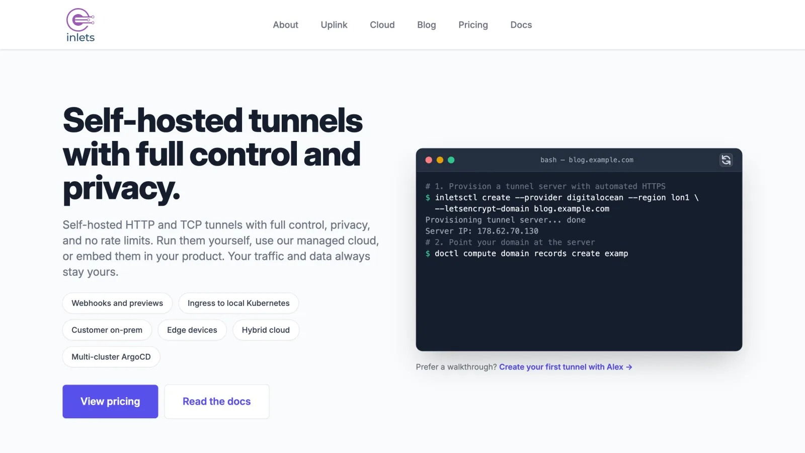 Inlets homepage: self-hosted tunnels with full control and privacy